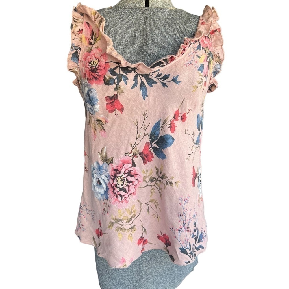 Linen Floral Blouse with Frilly Collar